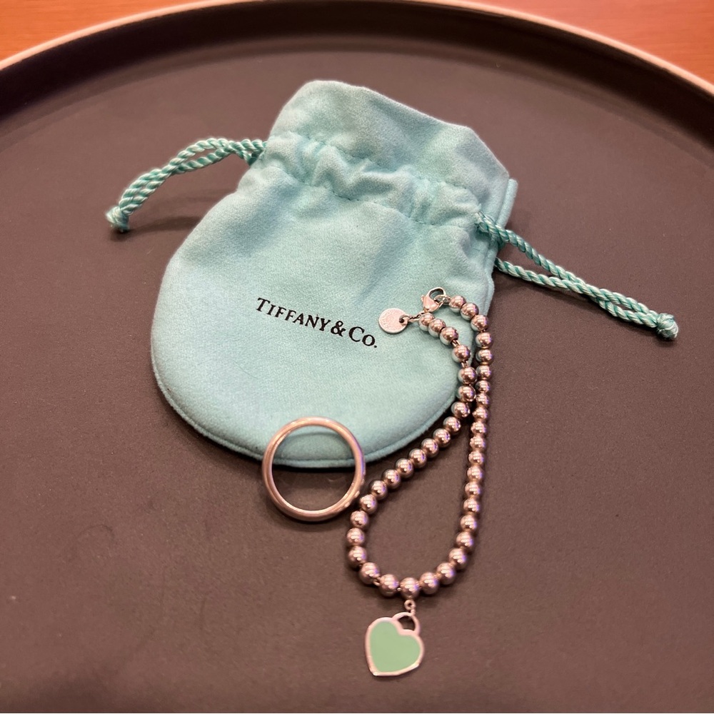 Tiffany & Co. Silver Bead Bracelet with Green Heart Charm and Matching Ring